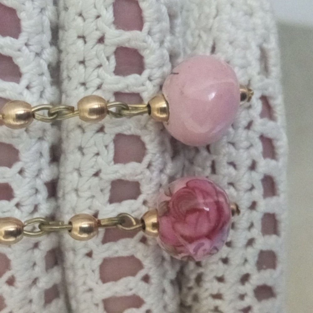 Retro Vintage Greek Pink Flower Porcelain Ceramic Beads Dangle Earrings